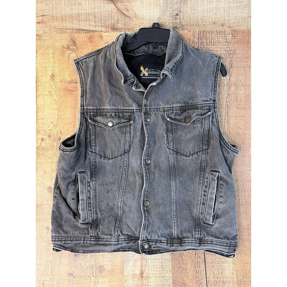 Xelement Mens XL Black Denim Motorcycle Vest Biker Moto Grunge Distressed Y2K